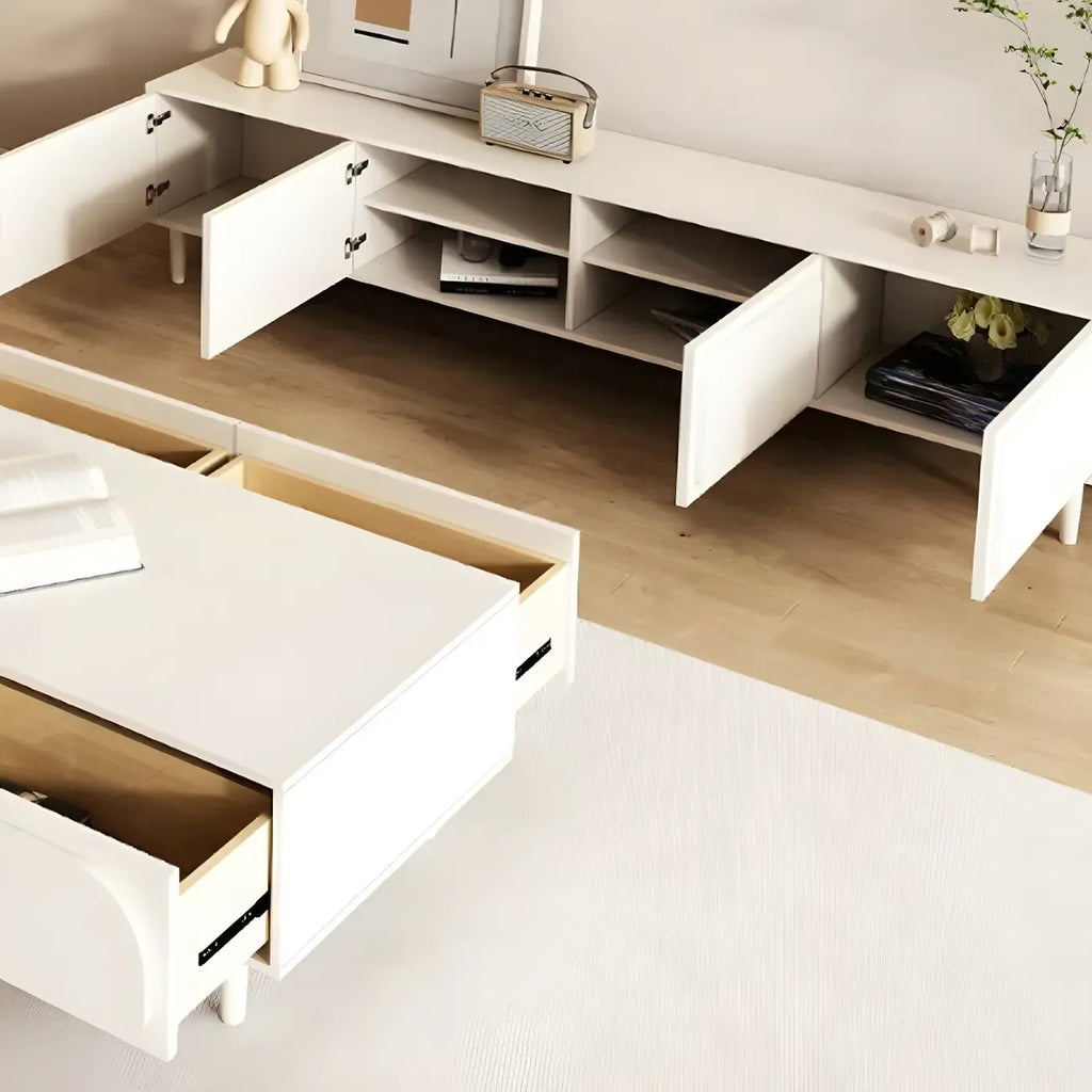Mobile TV con gestione cavi, 79 pollici, legno moderno bianco, con gambe