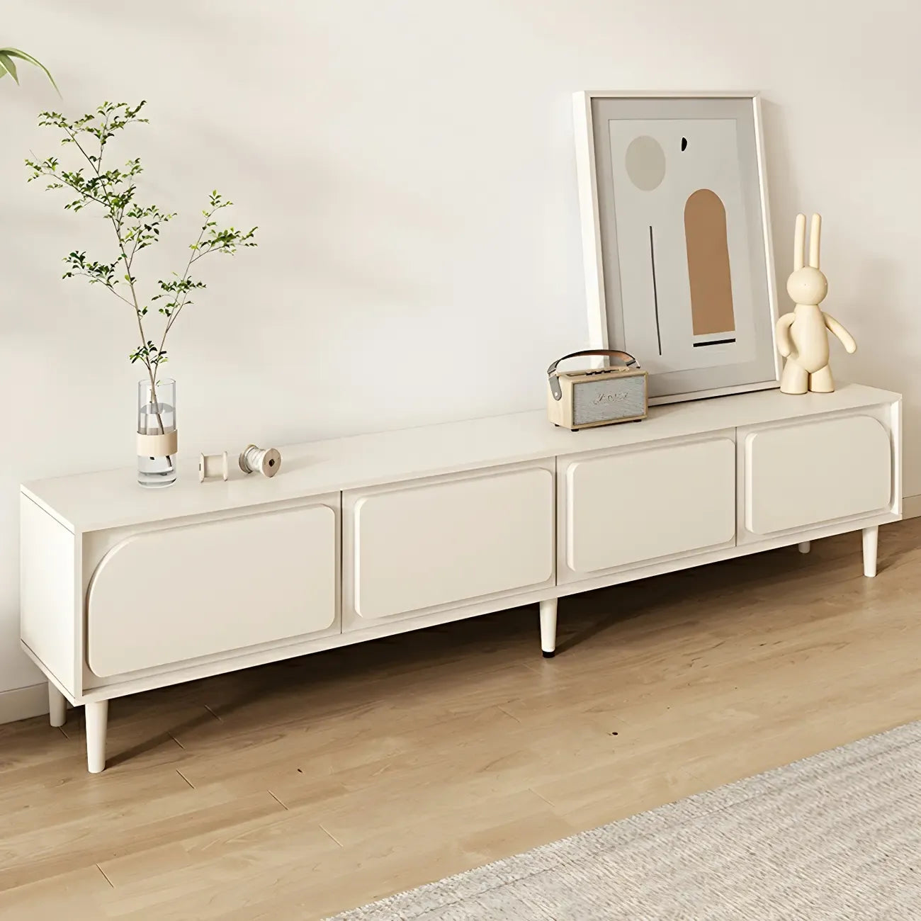 Mobile TV con gestione cavi, 79 pollici, legno moderno bianco, con gambe