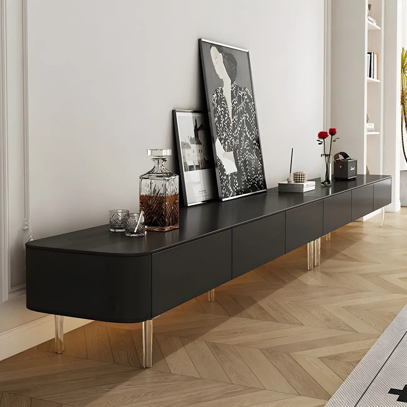 Meuble TV long et moderne en bois noir avec tiroirs (87)