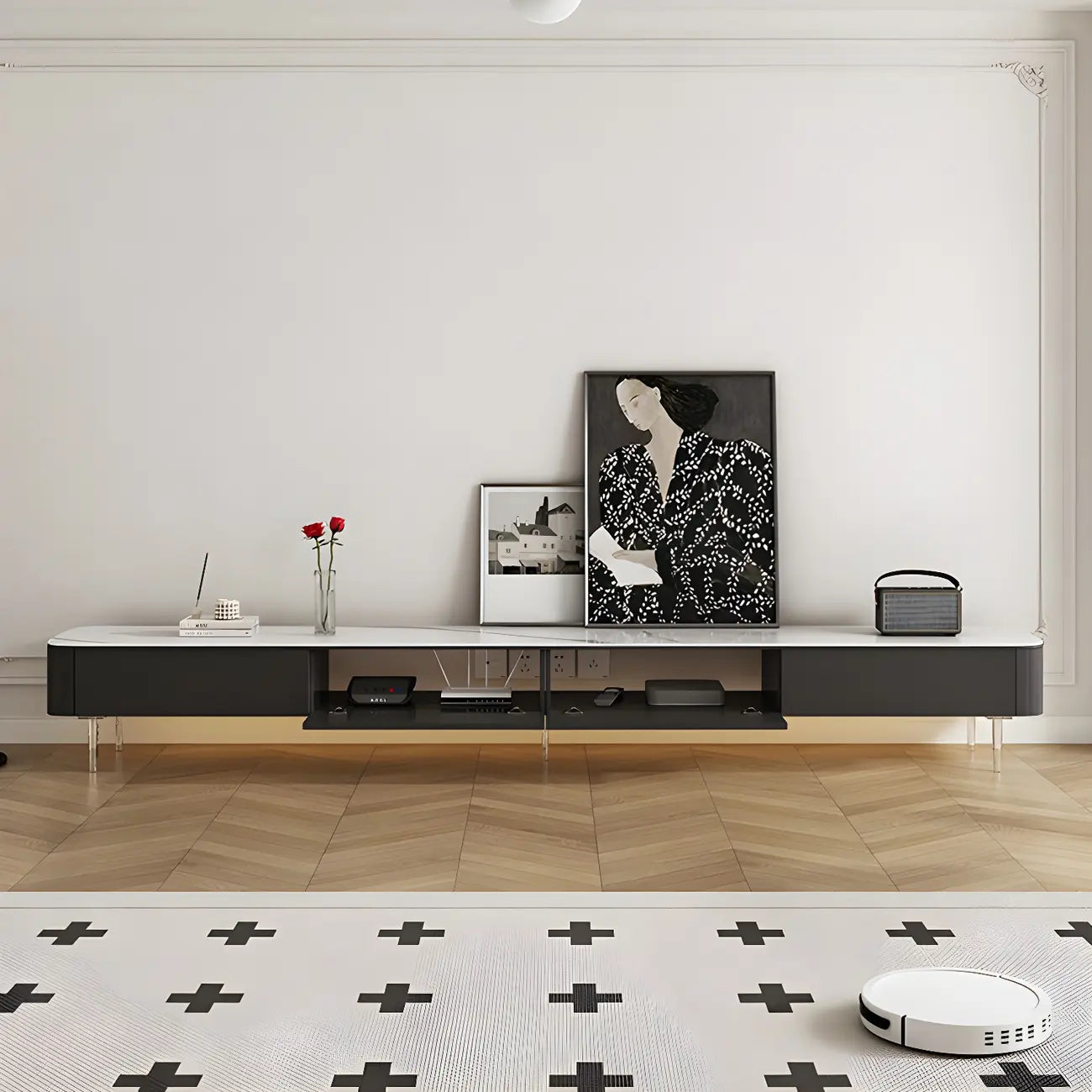 Meuble TV long et moderne en bois noir avec tiroirs (87)