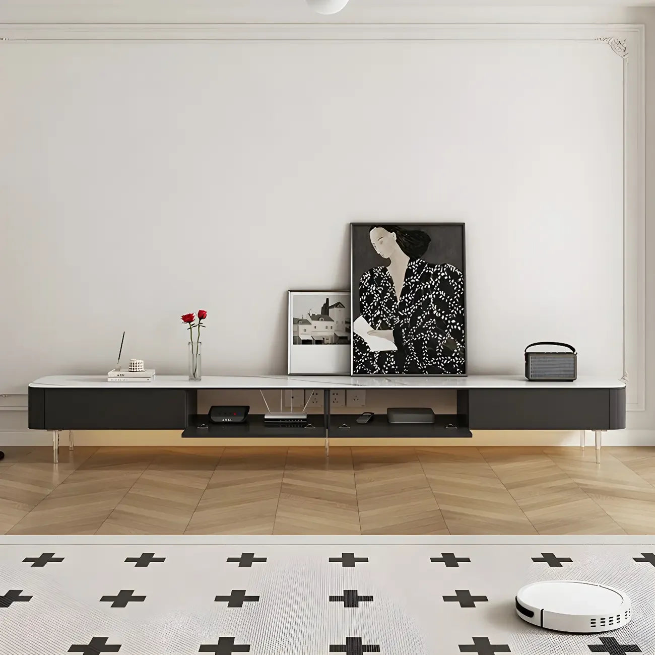 Meuble TV long et moderne en bois noir avec tiroirs (87)