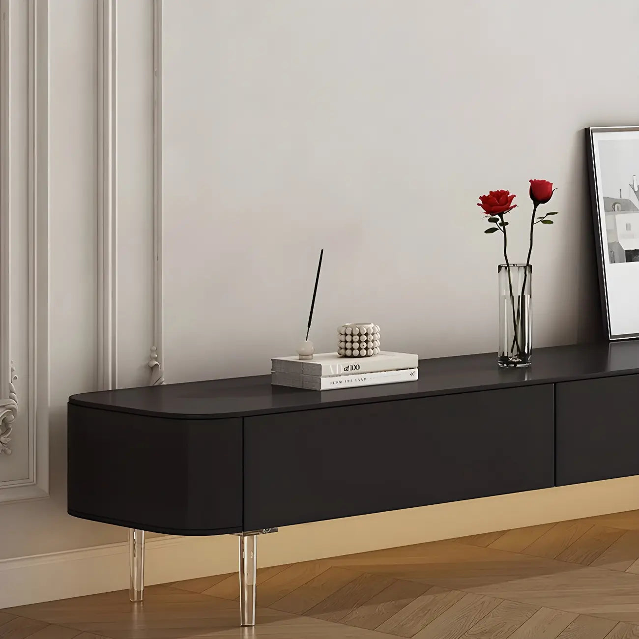 Meuble TV long et moderne en bois noir avec tiroirs (87)