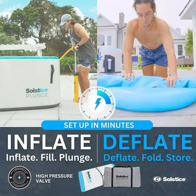 Baignoire de glace isolée gonflable Solstice Plunge 100 gallons pour 2 personnes, pour athlètes, avec couvercle, poignées, pompe et sac de transport, blanc/bleu