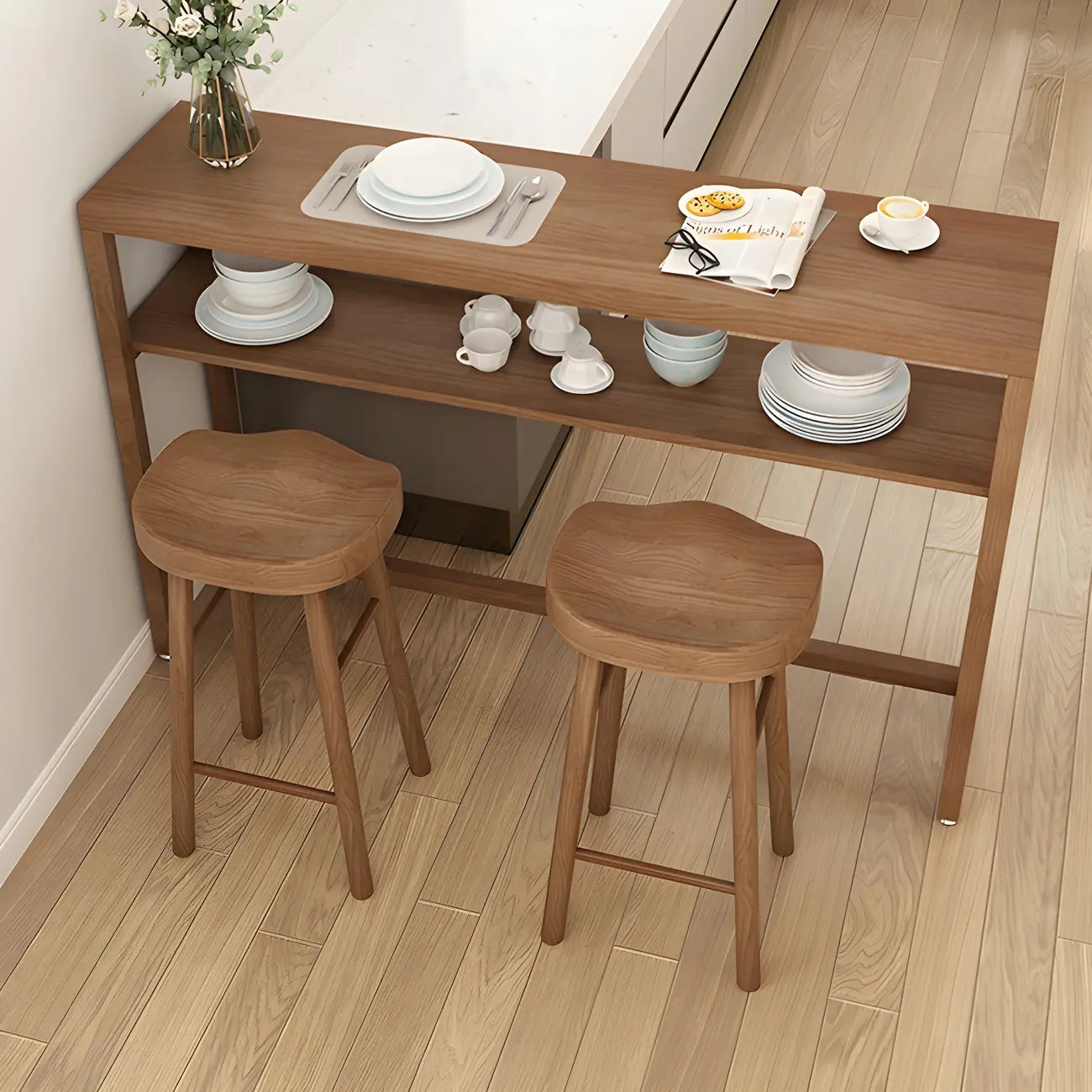 Tables de bar modernes en pin brun avec étagères de rangement