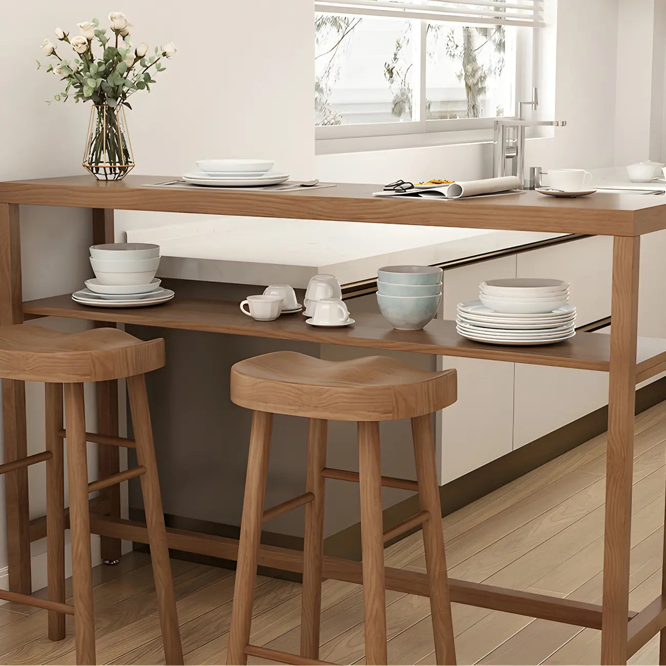 Tables de bar modernes en pin brun avec étagères de rangement