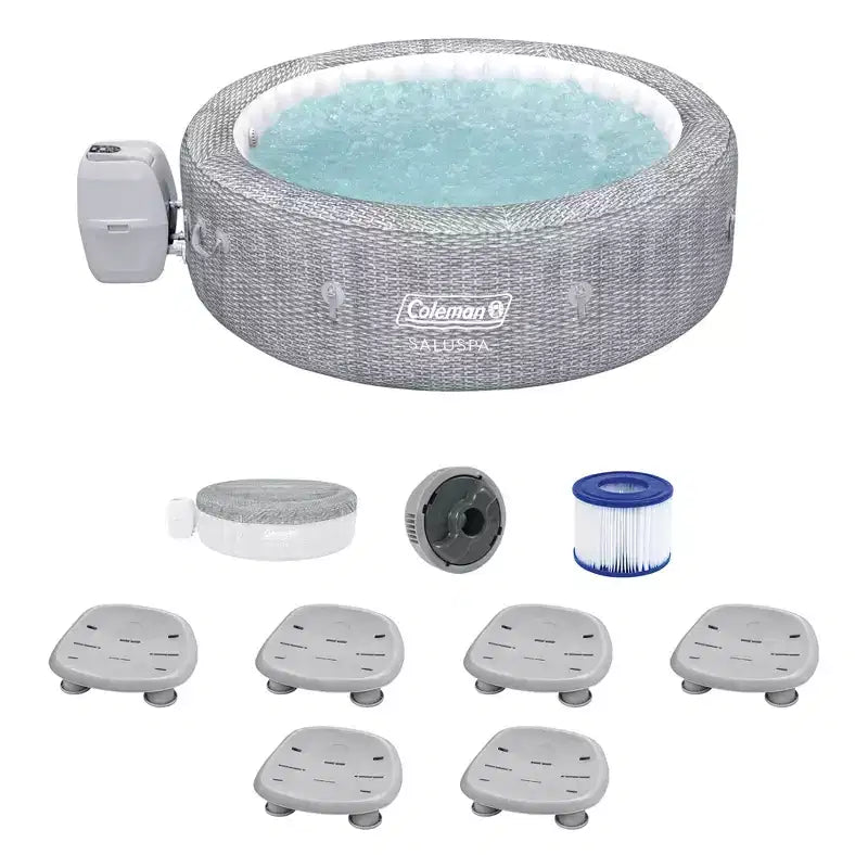 Coleman SaluSpa Sicily AirJet Hot Tub with 180 Soothing Jets with Set of 6 Bestway Underwater Non Slip Pool and Spa Seat with Adjustable Legs, Gray