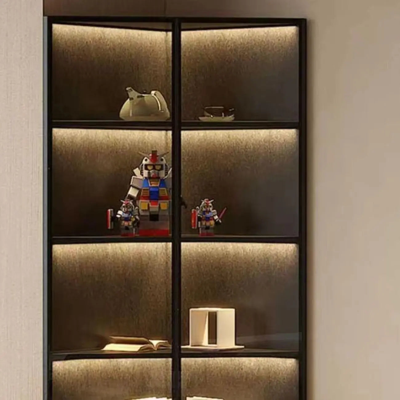 Vitrine d'angle moderne en métal gris et bois avec porte vitrée