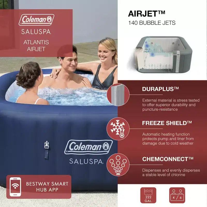 Spa gonflable carré Coleman SaluSpa Atlantis AirJet avec 140 jets apaisants et pack de 2 sièges de spa antidérapants submersibles Bestway SaluSpa à pieds réglables