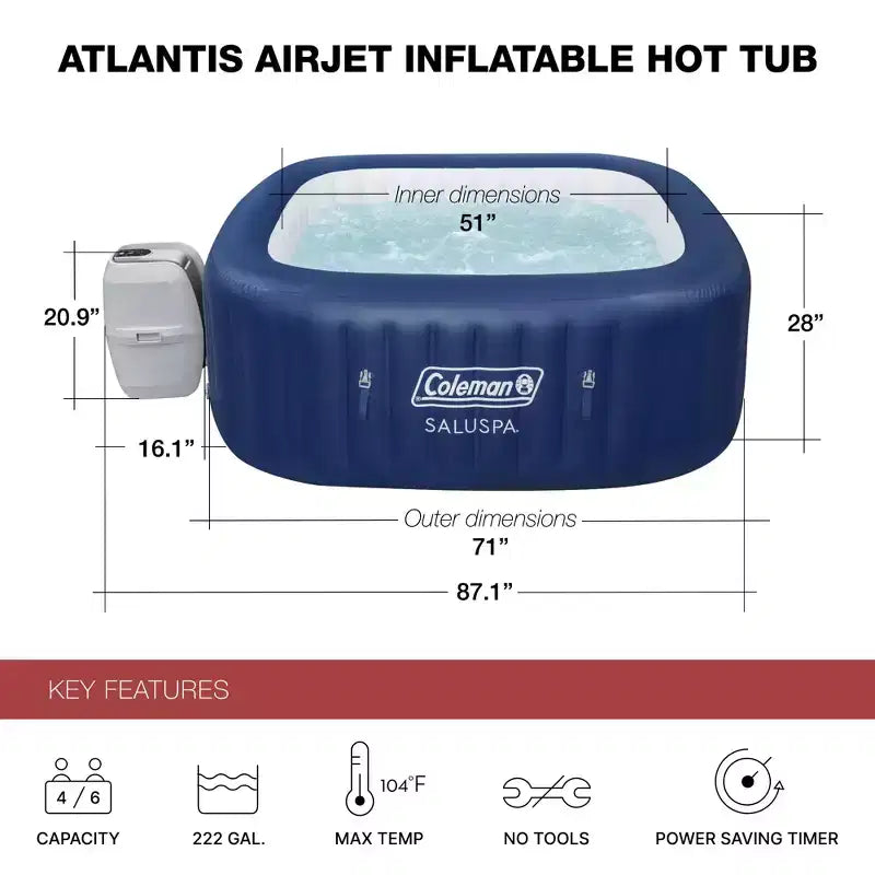Spa gonflable carré Coleman SaluSpa Atlantis AirJet avec 140 jets apaisants et pack de 2 sièges de spa antidérapants submersibles Bestway SaluSpa à pieds réglables