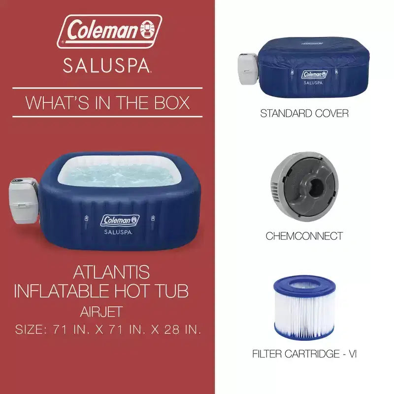 Spa gonflable carré Coleman SaluSpa Atlantis AirJet avec 140 jets apaisants et pack de 2 sièges de spa antidérapants submersibles Bestway SaluSpa à pieds réglables
