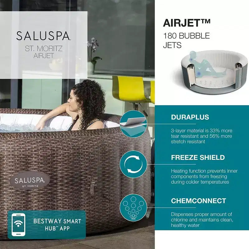 Bestway SaluSpa St Moritz AirJet avec pompe, filtres à air et système de massage + Bestway SaluSpa Tapis de piscine antidérapant avec pieds réglables en hauteur