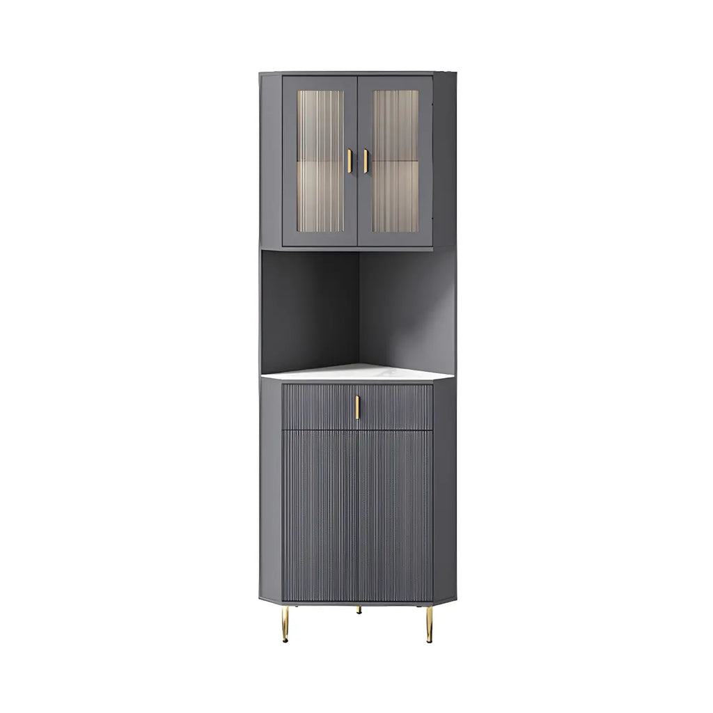 Meuble d'angle de rangement moderne en bois blanc crème et accents dorés