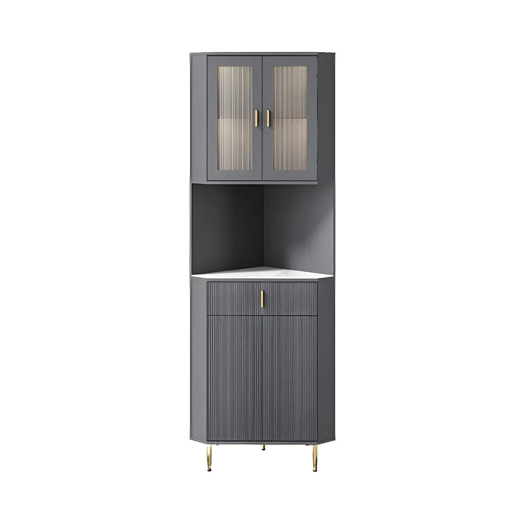 Meuble d'angle de rangement moderne en bois blanc crème et accents dorés