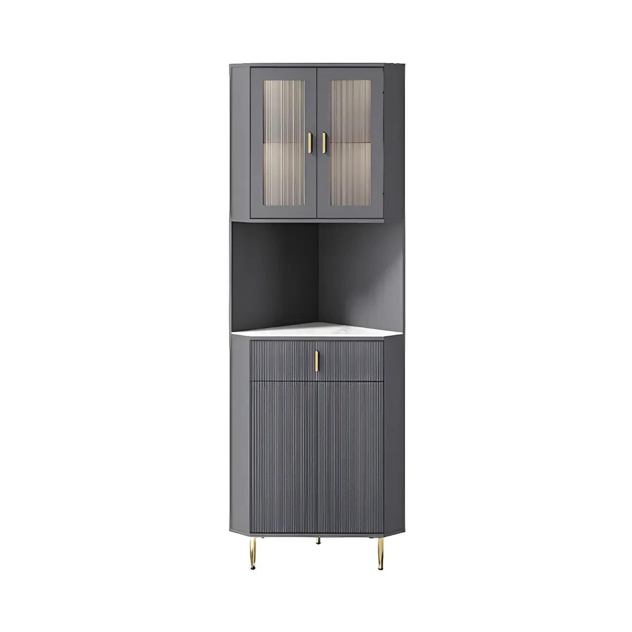 Meuble d'angle de rangement moderne en bois blanc crème et accents dorés