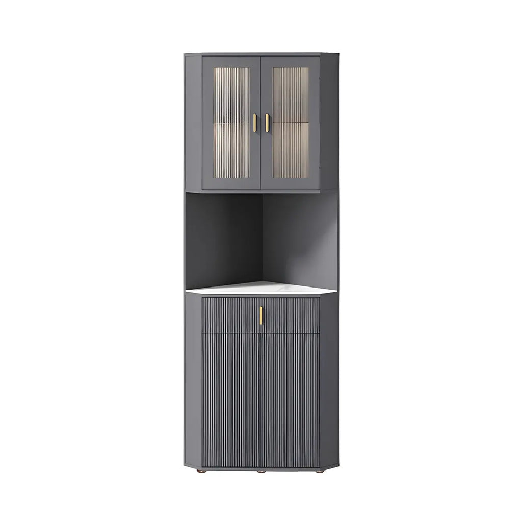 Meuble d'angle de rangement moderne en bois blanc crème et accents dorés