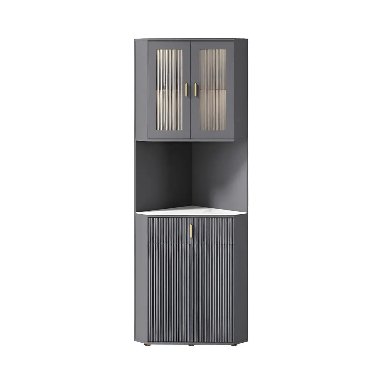 Meuble d'angle de rangement moderne en bois blanc crème et accents dorés