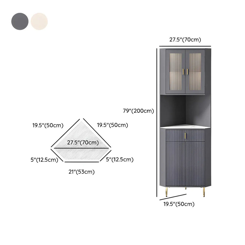 Meuble d'angle de rangement moderne en bois blanc crème et accents dorés
