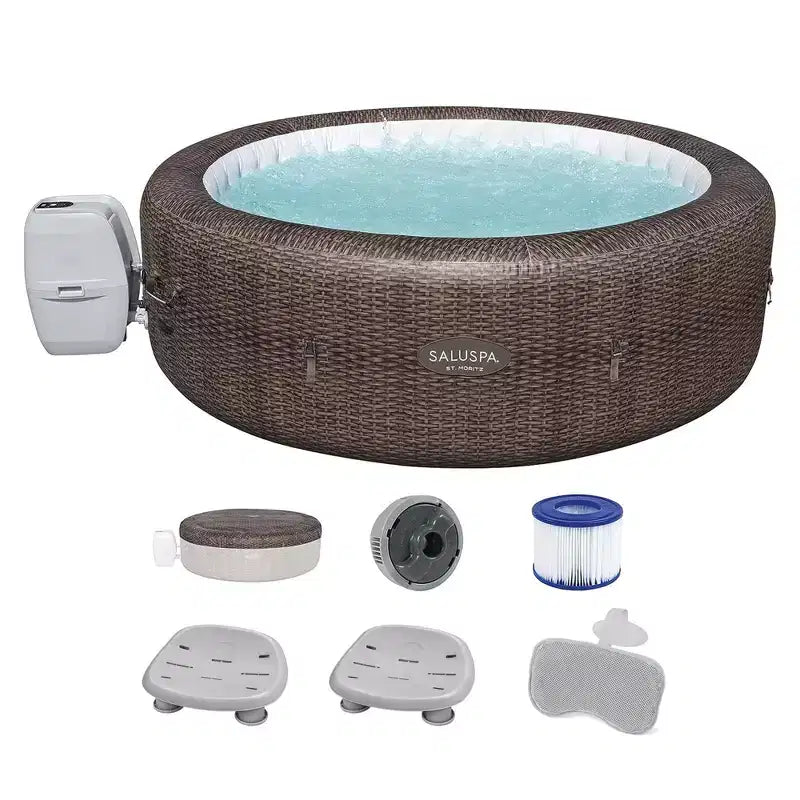 Bestway SaluSpa St Moritz AirJet Hot Tub with Set of 2 Non Slip Pool and Spa Seats and 2 Padded Headrest Pillows with Adjustable Strap, Brown