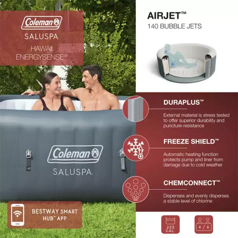 Bestway Coleman Hawaii AirJet Spa gonflable avec couverture EnergySense + Siège antidérapant Bestway SaluSpa sous l'eau pour piscine et spa avec pieds réglables