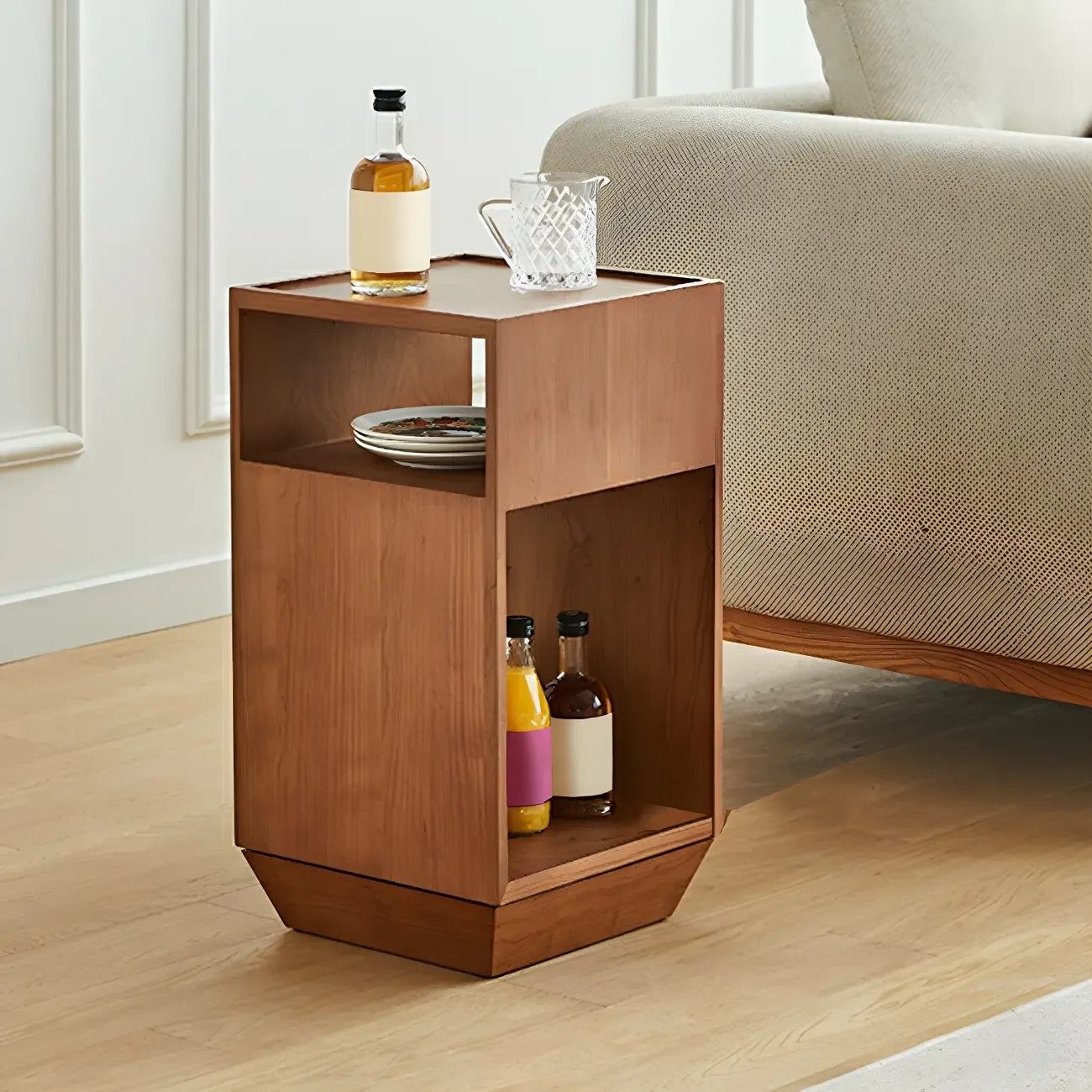 Table d'appoint en bois à deux niveaux, style moderne du milieu du siècle, avec rangement ouvert