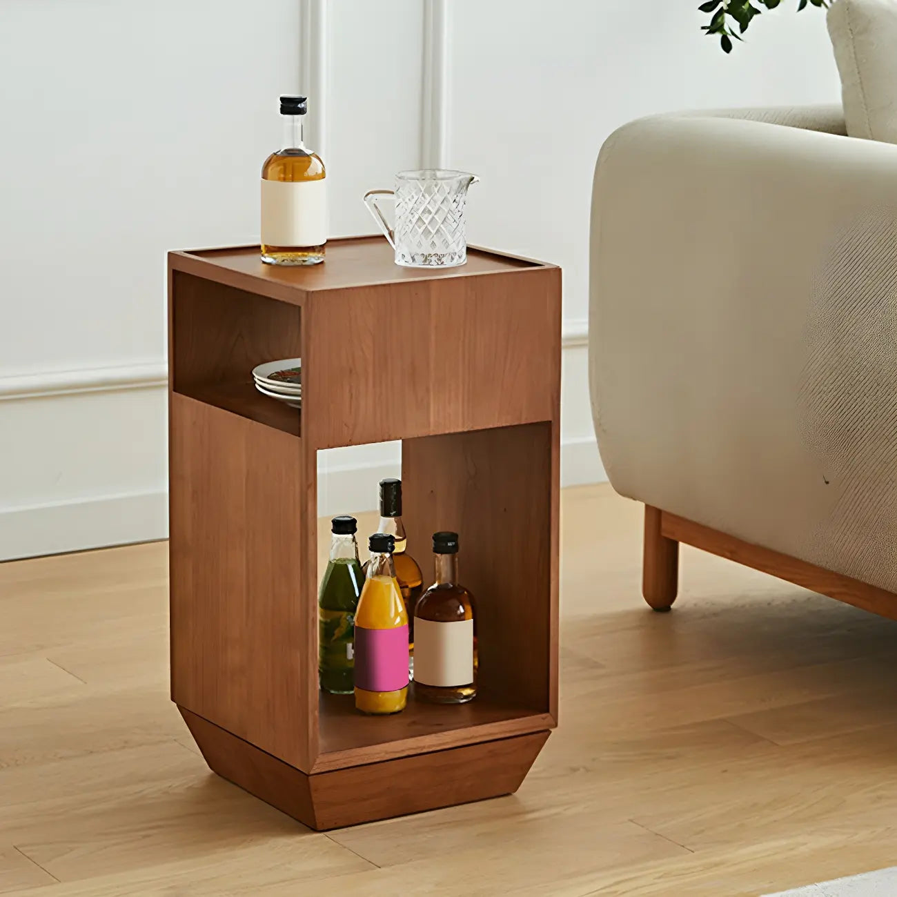 Table d'appoint en bois à deux niveaux, style moderne du milieu du siècle, avec rangement ouvert