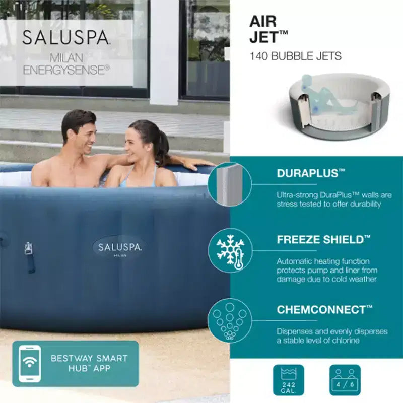 Bain à remous gonflable Bestway SaluSpa Milan AirJet avec ensemble de 2 sièges antidérapants pour piscine et spa et oreiller de soutien-tête rembourré avec sangle réglable, gris