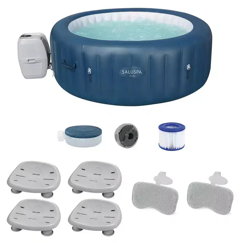 Bestway SaluSpa Milan AirJet Inflatable Hot Tub with Set of 4 Underwater Non Slip Pool and Spa Seat and Padded 2 Pack Headrest Pillows, Gray