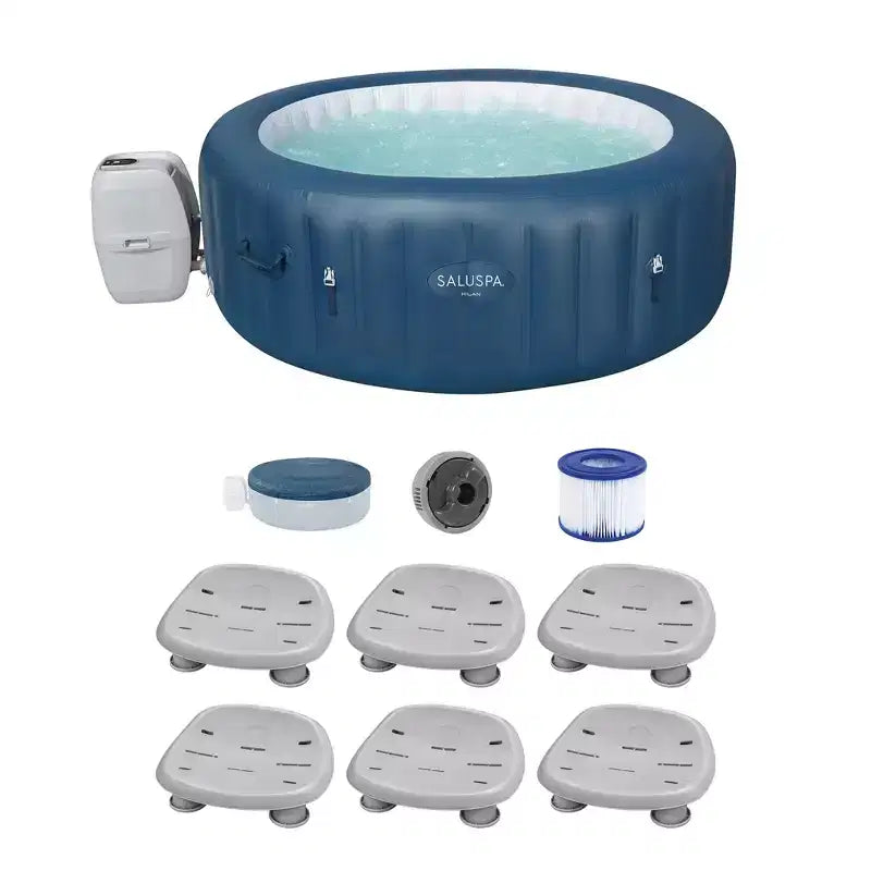 Bestway SaluSpa Milan AirJet Inflatable Hot Tub with EnergySense Cover, Blue + Bestway SaluSpa Underwater Non Slip Pool & Spa Seat (6 Pack)