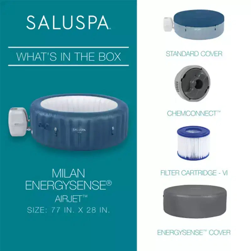 Spa gonflable Bestway SaluSpa Milan AirJet avec couverture EnergySense, bleu + siège de piscine et spa antidérapant Bestway SaluSpa (lot de 6)