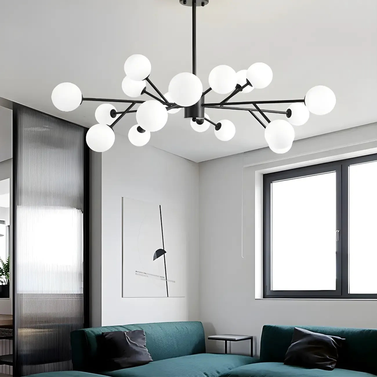 Lustre Sputnik en verre blanc à globe, style moderne du milieu du siècle