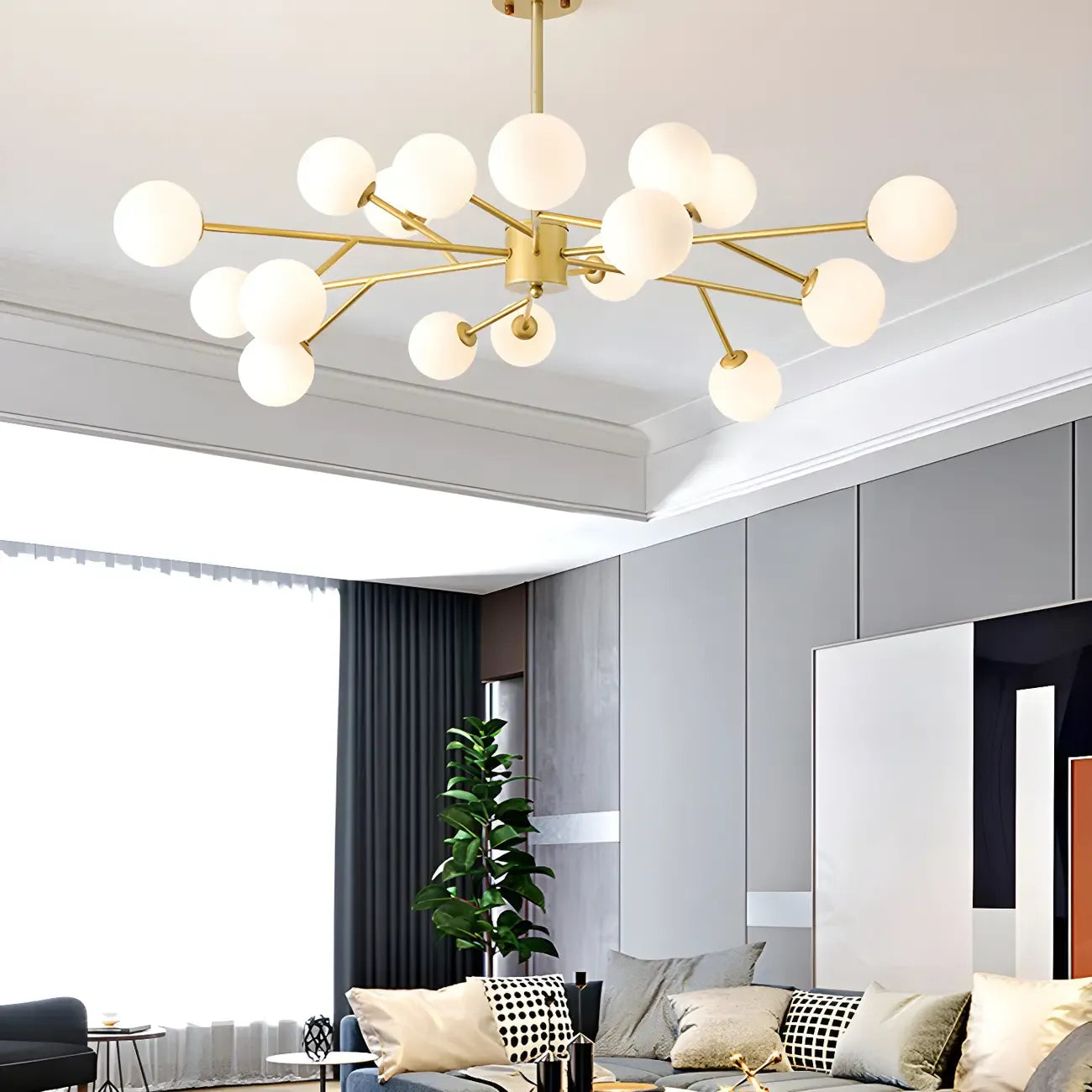 Lustre Sputnik en verre blanc à globe, style moderne du milieu du siècle