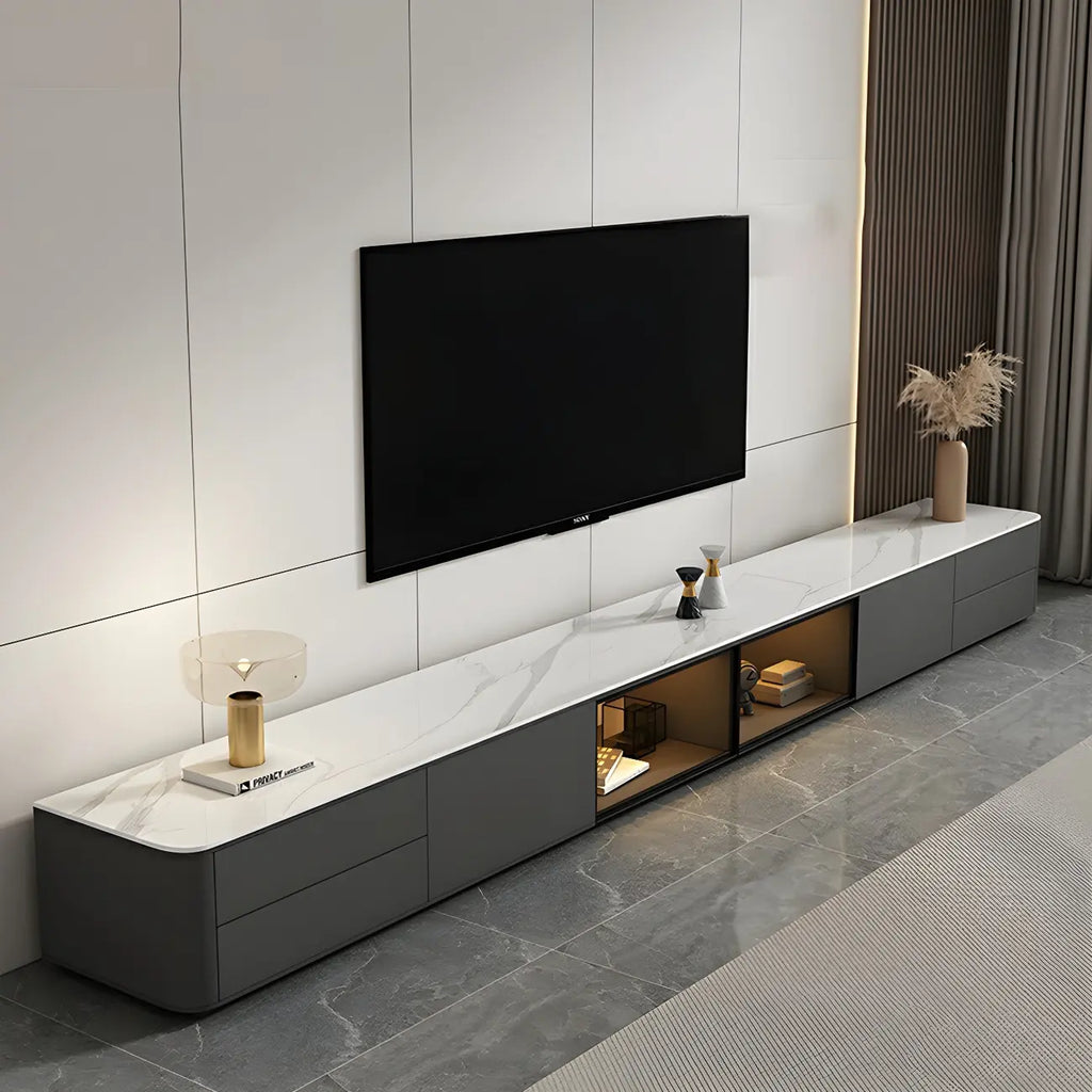 Meuble TV long en pierre grise pour salon, avec tiroirs et armoire