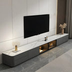 Meuble TV long en pierre grise pour salon, avec tiroirs et armoire