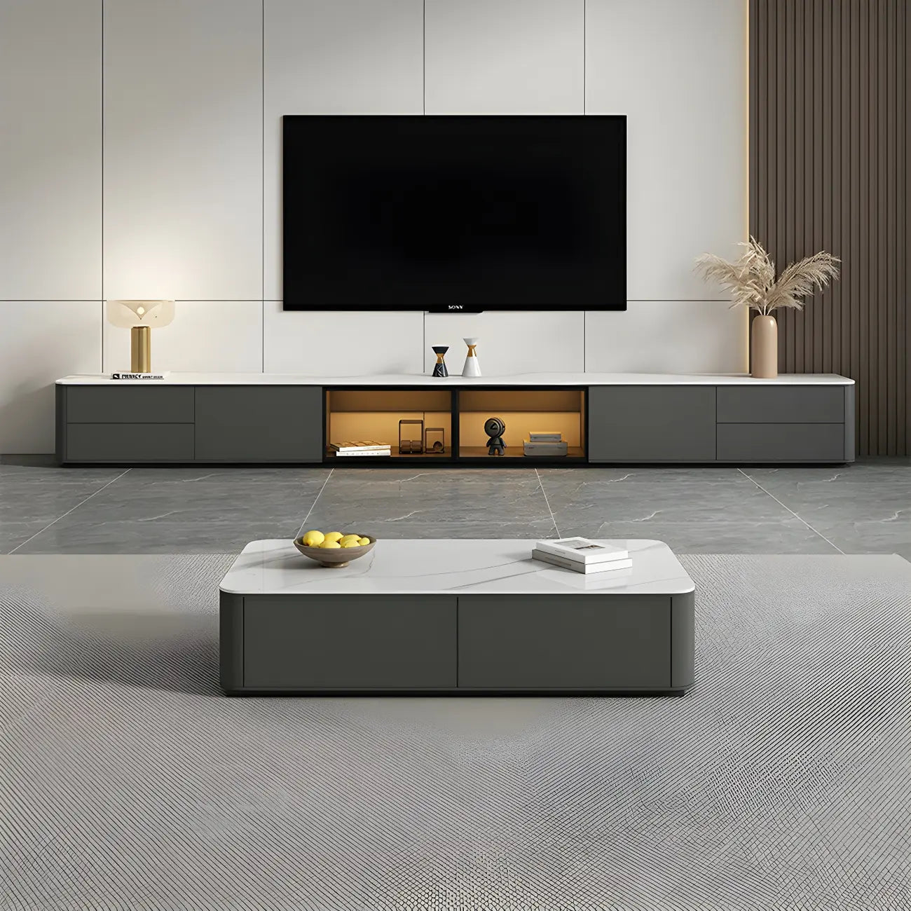 Meuble TV long en pierre grise pour salon, avec tiroirs et armoire