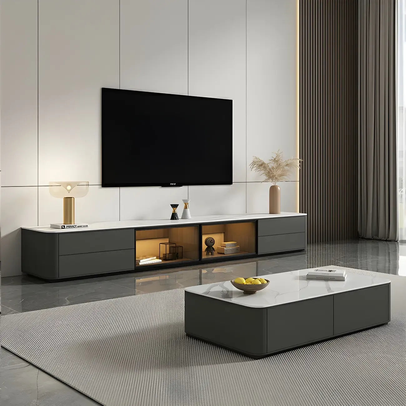Meuble TV long en pierre grise pour salon, avec tiroirs et armoire