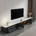 Meuble TV long en pierre grise pour salon, avec tiroirs et armoire
