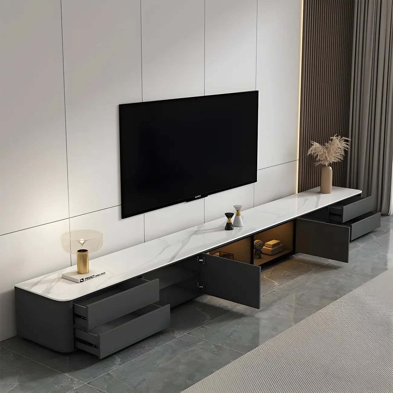 Meuble TV long en pierre grise pour salon, avec tiroirs et armoire
