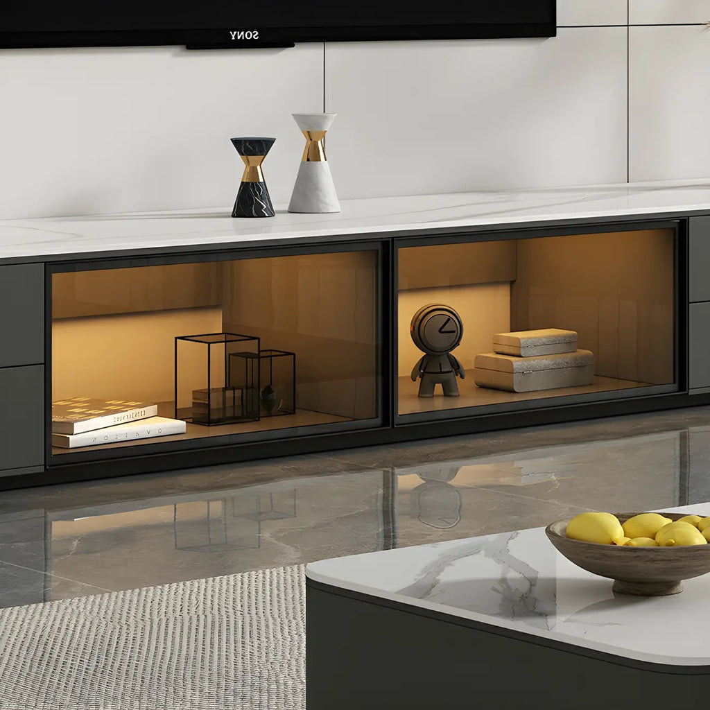 Meuble TV long en pierre grise pour salon, avec tiroirs et armoire