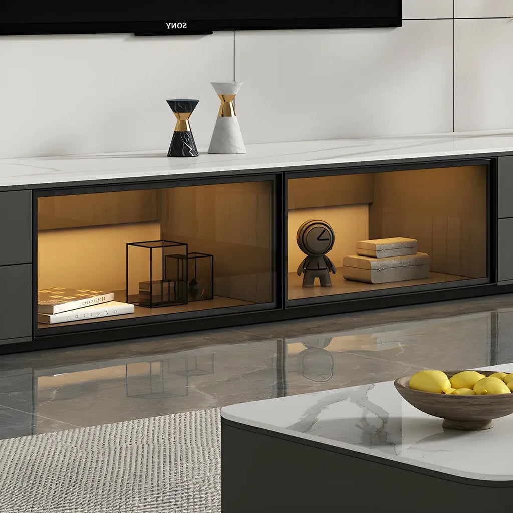Meuble TV long en pierre grise pour salon, avec tiroirs et armoire