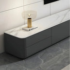 Meuble TV long en pierre grise pour salon, avec tiroirs et armoire