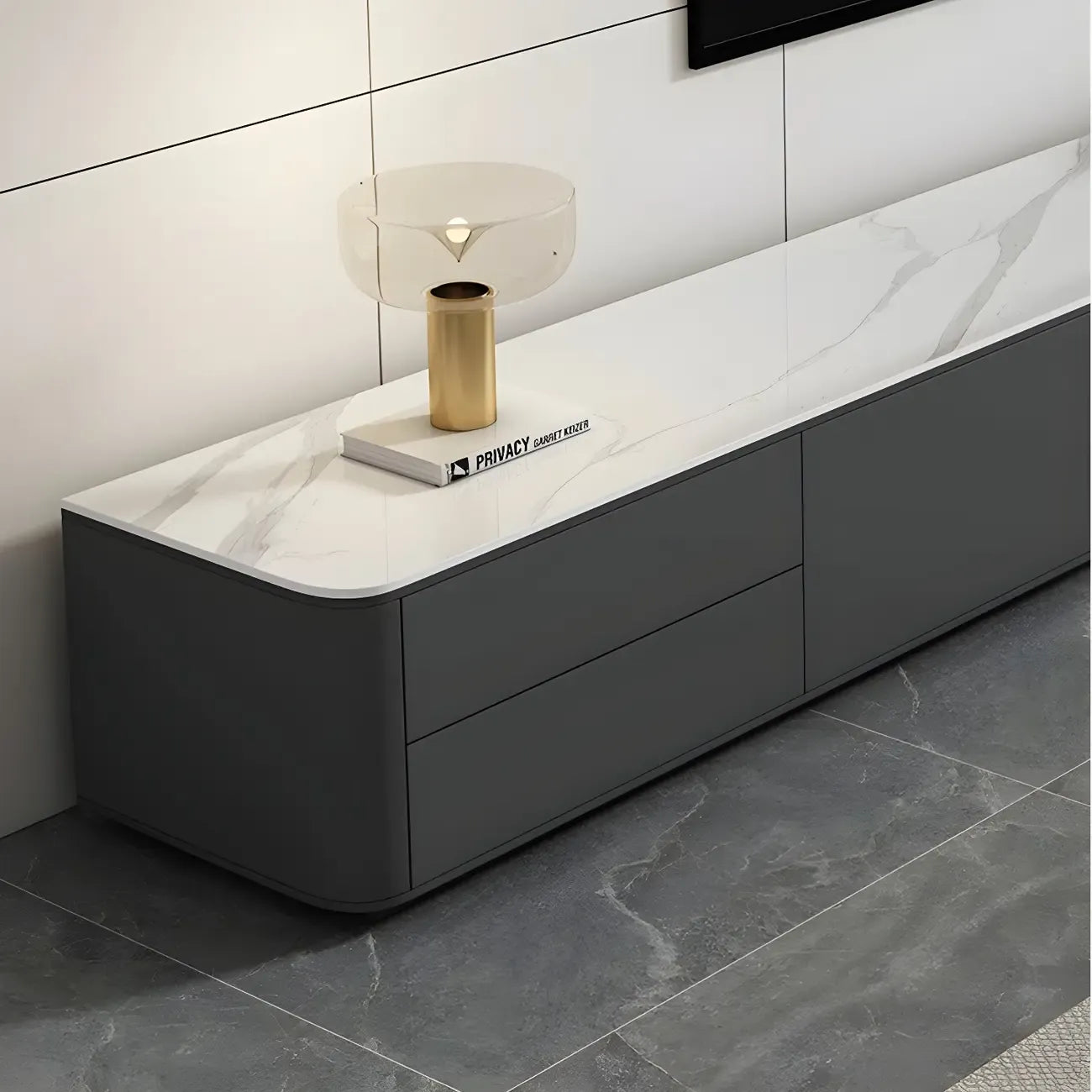 Meuble TV long en pierre grise pour salon, avec tiroirs et armoire