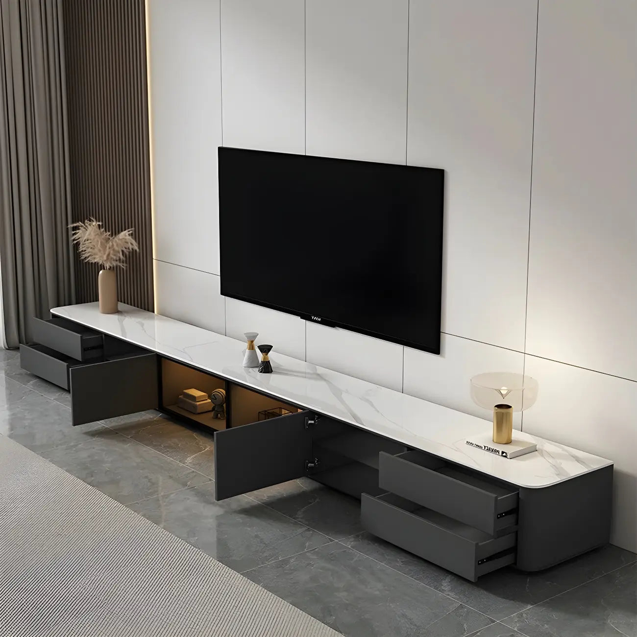 Meuble TV long en pierre grise pour salon, avec tiroirs et armoire