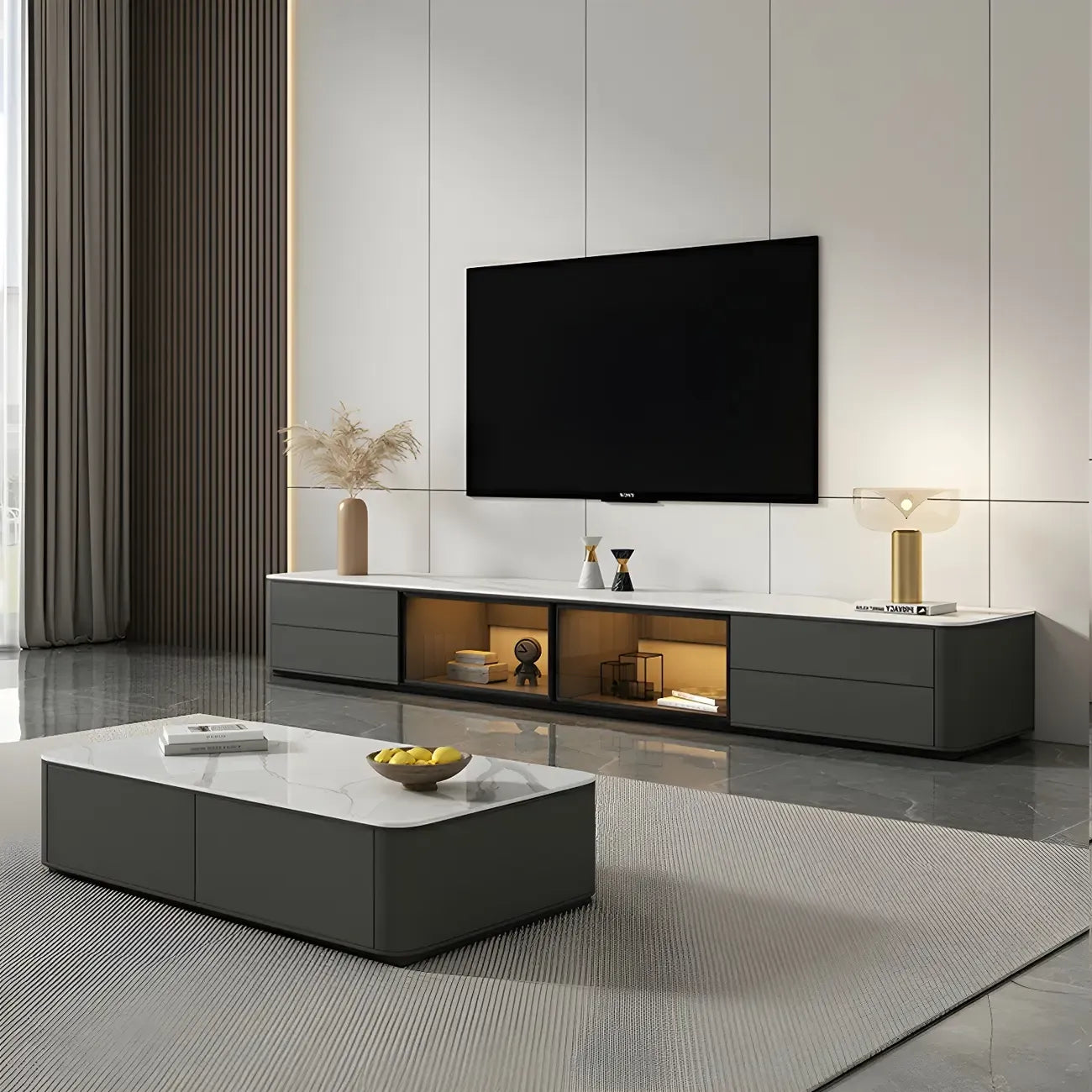 Meuble TV long en pierre grise pour salon, avec tiroirs et armoire