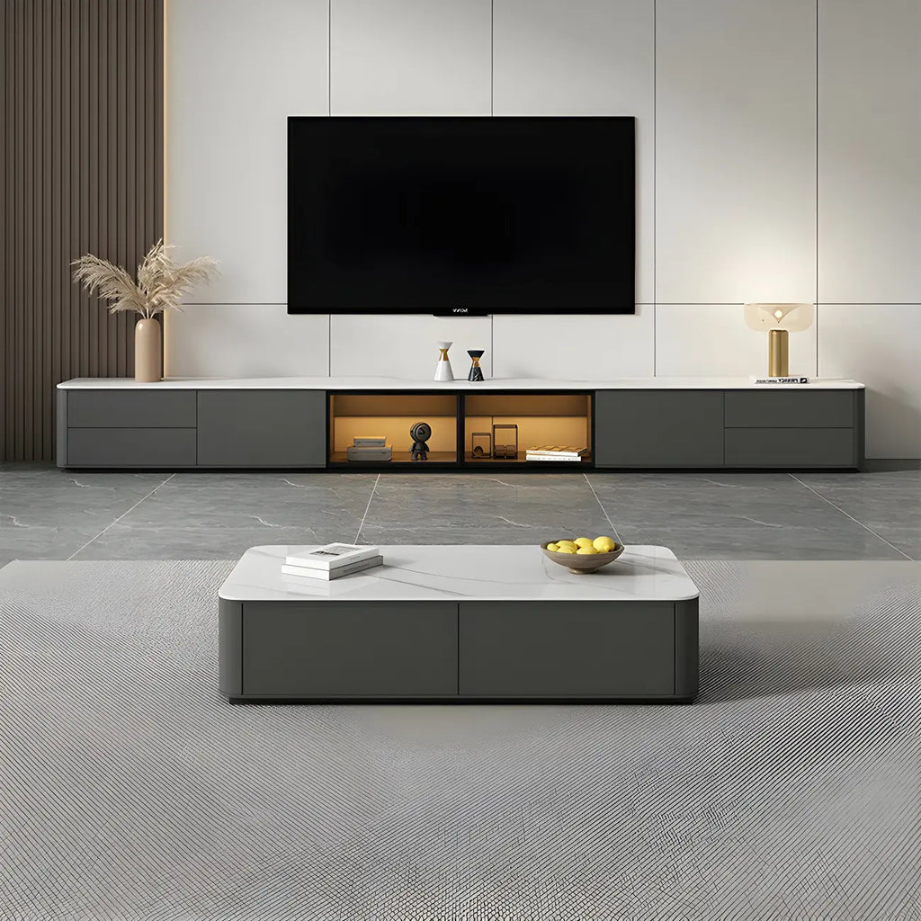 Meuble TV long en pierre grise pour salon, avec tiroirs et armoire