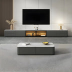 Meuble TV long en pierre grise pour salon, avec tiroirs et armoire