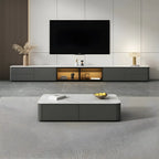Meuble TV long en pierre grise pour salon, avec tiroirs et armoire