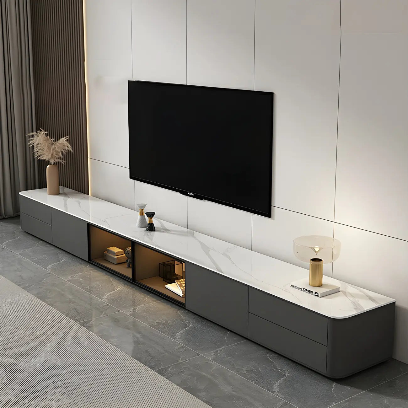 Meuble TV long en pierre grise pour salon, avec tiroirs et armoire