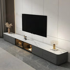 Meuble TV long en pierre grise pour salon, avec tiroirs et armoire