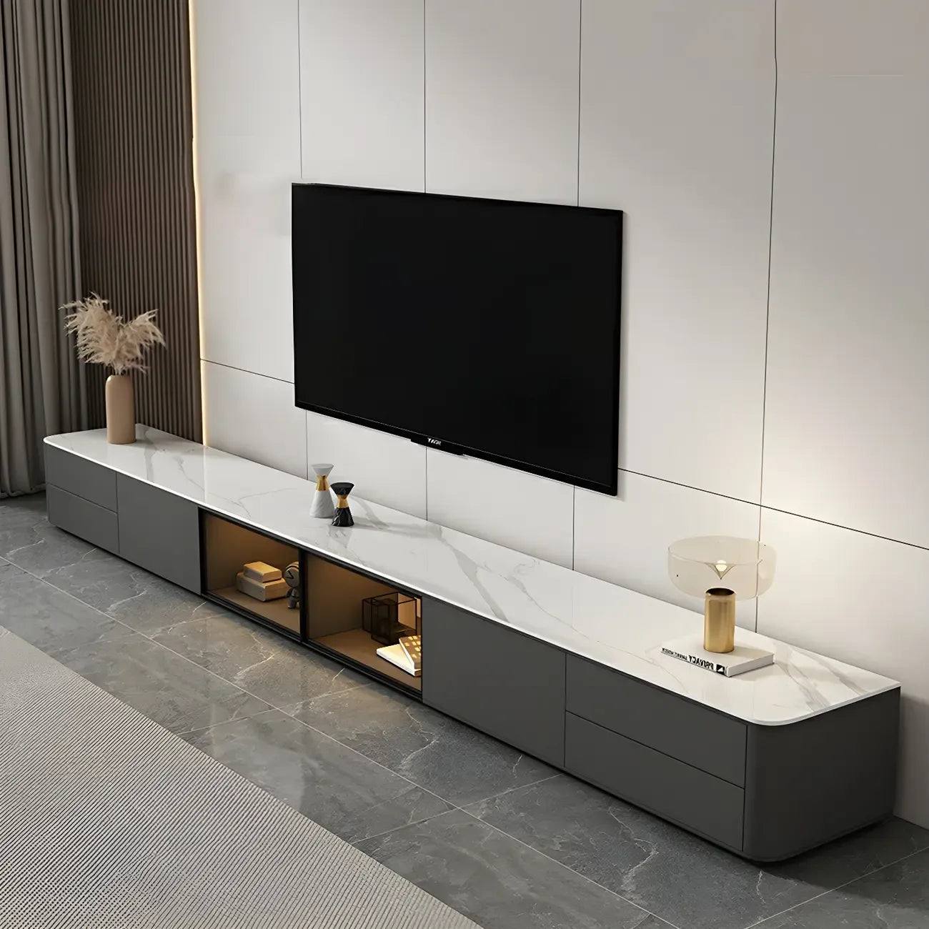 Meuble TV long en pierre grise pour salon, avec tiroirs et armoire