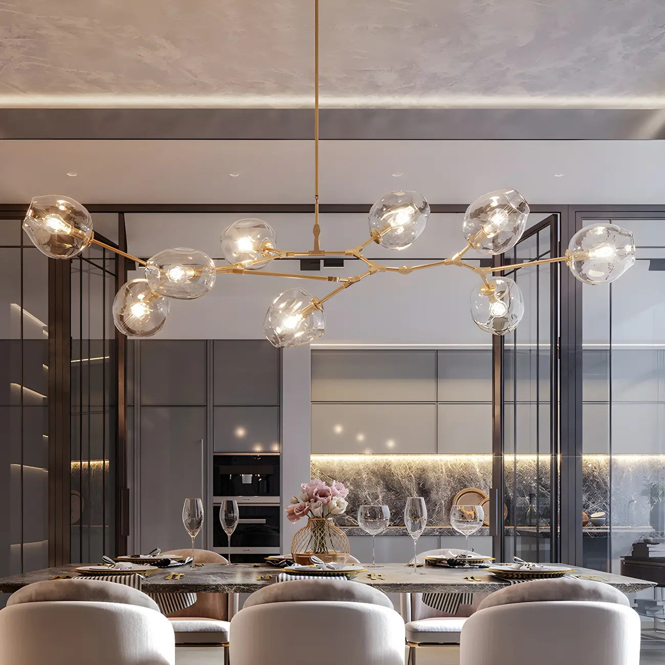 Grand lustre en verre Sputnik avec tiges de suspension pour usage intérieur